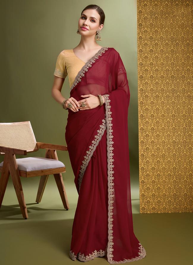 Georgette Red Party Wear Embroidery Work Saree